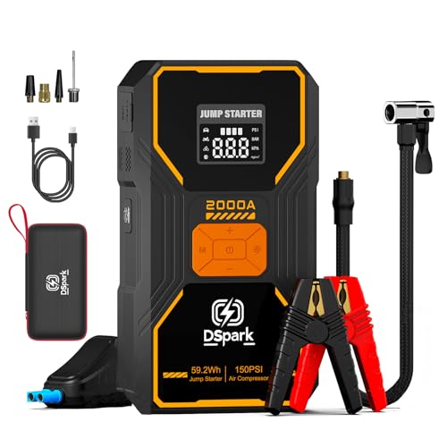 Jump Starter with Air Compressor, Portable 2000A Car Battery Jump Box for 7.0 Gas/6.5L Diesel Vehicles, 150 PSI Tire Inflator Auto-Shut Off, Reverse Polarity Protection,3-Mode Emergency Light - style: B31