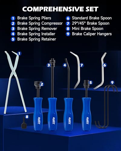 Orion Motor Tech Brake Caliper Compression Tools, 2-in-1 32pc Disc & Drum Brake Service Tool Set with 18 Blackened Adapters, Caliper Piston Compressor Tool with Hangers Spoons Installer Retainer, Blue