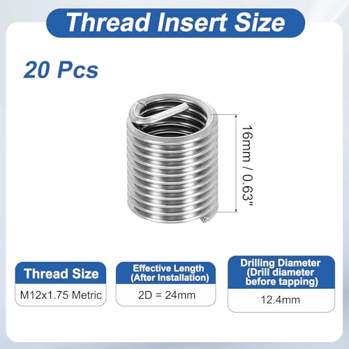 PATIKIL Wire Thread Inserts M12x1.75 Metric 2D 24mm, 20Pcs 304 Stainless Steel Helical Coiled Wire Screw Threaded Sleeve Sheath for Mechanical Equipment Automotive Repairs - size: M12x1.75, 24mm