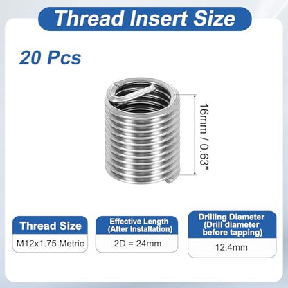 PATIKIL Wire Thread Inserts M12x1.75 Metric 2D 24mm, 20Pcs 304 Stainless Steel Helical Coiled Wire Screw Threaded Sleeve Sheath for Mechanical Equipment Automotive Repairs - size: M12x1.75, 24mm