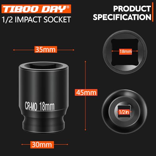 1/2" Drive 18mm Impact Socket Metric Standard Impact Socket Blackening Finish 4 Point Square Socket made with Chrome Molybdenum Alloy Steel for Auto Repair Mechanical Maintenance Removal of Axle Nut - size: 18mm - 4pt, style: 1/2" Drive Standard Socket