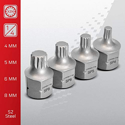 CARBYNE 8-Piece XZN Triple Square Stubby Low Profile Bit Socket Set, 4mm to 16mm, 12 Point Spline, S2 Steel, Dual Drive Internal Square and External Hex for Tight Confined Spaces - size: XZN Triple Square