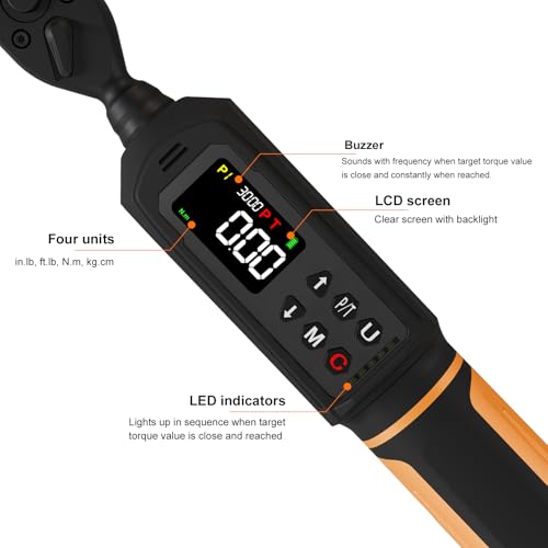 Uharbour Digital Torque Wrench 1/4 Drive, 1.1-22.1 Ft-lbs/1.5-30Nm Range, Electric Torque Wrench with Dual Direction Ratchet, ±1% Accuracy with Vibration, Buzzer and LED Alert - size: 1/4" Drive 1.1-22.1 Ft-lbs