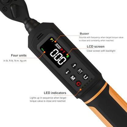 Uharbour 1/4" Drive Digital Torque Wrench 1.1-22.1 Ft-lbs/1.5-30Nm | ±1% Accuracy Electric Wrench, Dual Direction Ratchet, Vibration & LED Alert - size: 1/4" Drive 1.1-22.1 Ft-lbs