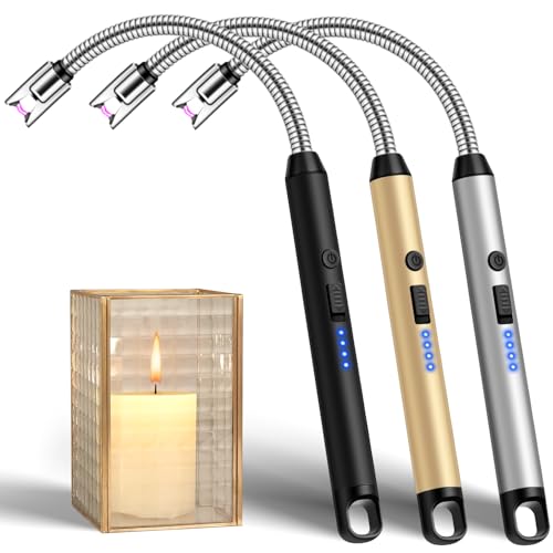 LcFun 3 Pack Electric Candle Lighter Windproof USB Rechargeable Plasma Lighter with LED Battery Display, Flameless Long Arc Lighters for Grill BBQ Camping Fireplace Stove(Black,Silver,Gold) - color: Black & Silver & Gold