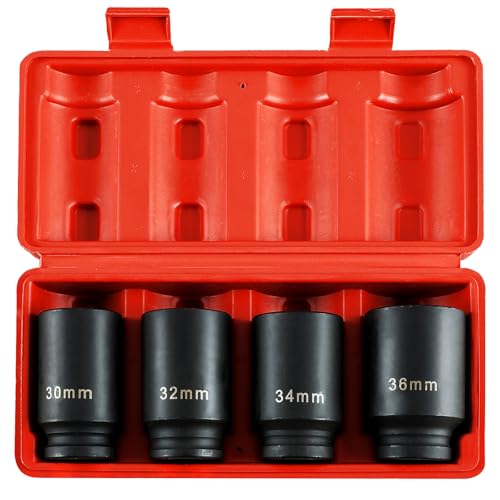 1/2" Drive Deep Spindle Axle Nut Impact Socket | 4 PCS Metric Axle Nut Socket Set, CR-MO, 12 Point Design, 30,32,34,36mm, 1/2 Inch Heavy Duty Deep Impact Socket Set