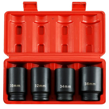 1/2" Drive Deep Spindle Axle Nut Impact Socket | 4 PCS Metric Axle Nut Socket Set, CR-MO, 12 Point Design, 30,32,34,36mm, 1/2 Inch Heavy Duty Deep Impact Socket Set
