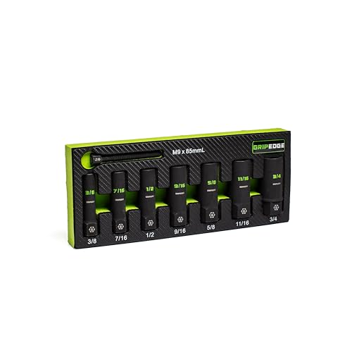 GRIPEDGE Tools | 7-PC – 3/8'' Drive Deep SAE RPT Socket Extractor Set | Sizes 3/8'' – 3/4'' | Removes Broken Studs, Stripped Bolts and Lug Nuts | Includes Premium EVA Foam Storage|