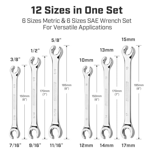 ironcube Flare Nut Wrench Set: 6-piece SAE & Metric Line Wrench Set for Removing or Replacing Nuts on Fuel, Brake or Air Conditioning Lines, Organizer Pouch Included