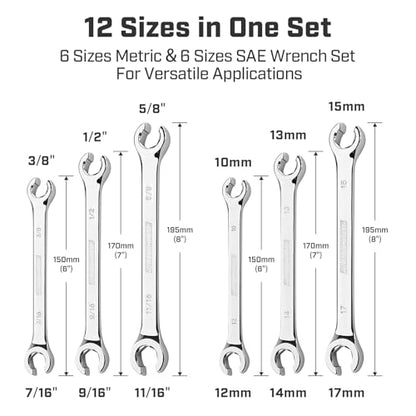 ironcube Flare Nut Wrench Set: 6-piece SAE & Metric Line Wrench Set for Removing or Replacing Nuts on Fuel, Brake or Air Conditioning Lines, Organizer Pouch Included