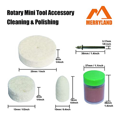 Merryland Flet Polishing Wheel for Dremel 145pcs, Polishing Pad Buffing Wheel Cone 140pcs Polishing Compound Paste 1pcs and Mandrel 4pcs, Rotary Tool Accessory Set Electric Power Tool DIY, RMTA145C1 - style: 1" , 1/2", Bullet Felt Wheel 145pcs