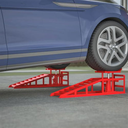 2 Pack Hydraulic Car Ramps, 5 Ton (11000 lbs) Low Profile Steel Service Ramps with Safety Valve, 3-Level Adjustable Height, Red, Heavy Duty Vehicle Lift for Garage, Truck, and Auto Repair,Red - color: Red