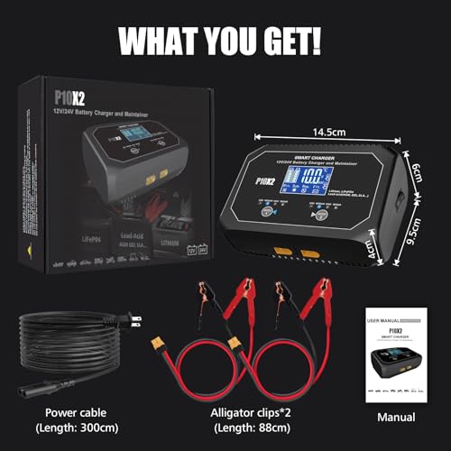 2-Bank 20A(10A/Bank) Car Battery Charger, 12V 24V Automatic Automotive Charger, Battery Maintainer, Trickle Charger for Car, Motorcycle, Marine, Boat, Lead-Acid, Lithium, LiFePo4 Battery
