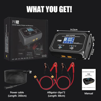 2-Bank 20A(10A/Bank) Car Battery Charger, 12V 24V Automatic Automotive Charger, Battery Maintainer, Trickle Charger for Car, Motorcycle, Marine, Boat, Lead-Acid, Lithium, LiFePo4 Battery