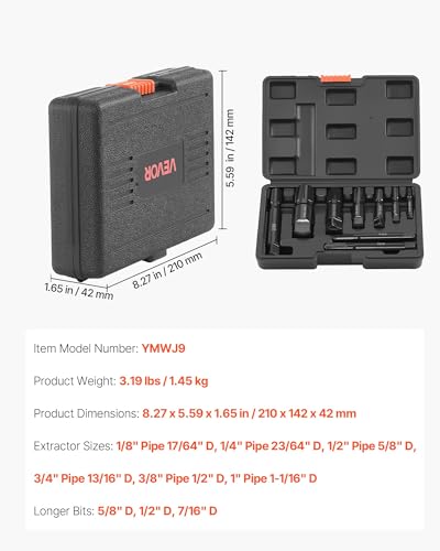 VEVOR Pipe Extractor Set, 9 Pieces Heavy Duty Steel Broken Pipe Extractors, with Solid Storage Case, Cr-Mo Steel for Removing 1/8" to 1" Damaged Threaded Pipes and Fittings, for Plumbers Mechanics DIY - size: 9 PCS