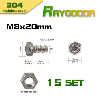 M8-1.25x20mm Hex Bolt and Nut Kit 15set, 304 Stainless Steel (A2-70), Full Thread, Bright Finish, Machine Threaded for Automotive, Machinery, DIY - size: M8x20mm(15 Sets）