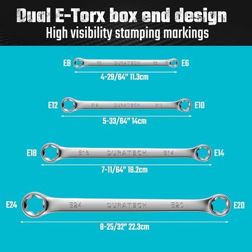 DURATECH 4-Piece E-Torx Wrench Set, Double Box End Wrench Set, CR-V Steel, Including E6*E8, E10*E12, E14*E18 and E20*E24, Organized in Pouch