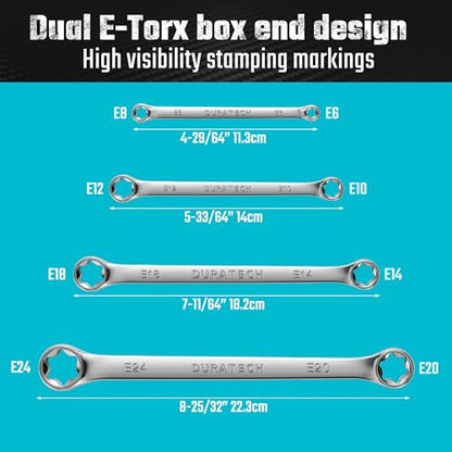 DURATECH 4-Piece E-Torx Wrench Set, Double Box End Wrench Set, CR-V Steel, Including E6*E8, E10*E12, E14*E18 and E20*E24, Organized in Pouch