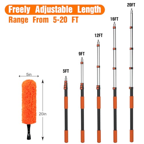 LAANPOLE 26FT Reach Ceiling Fan Cleaner Duster, Fan Blade Cleaner Kit with 5-20FT Extension Pole, Microfiber Duster & Replaceable Cleaning Cloth for Blades, Ceiling, Furniture - size: 20FT