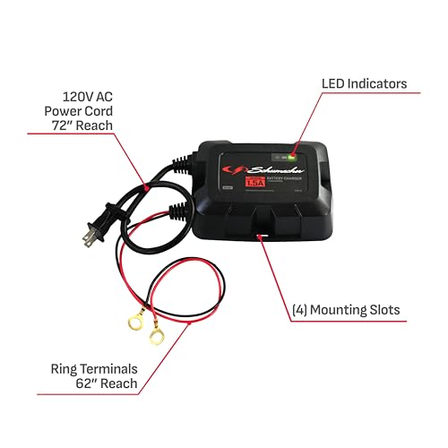 Schumacher Electric 1.5A Onboard Car Battery Charger and Maintainer, 3-in-1 Solution, for 6V/12V Power Sport, Automotive, and Marine Batteries, SC1587