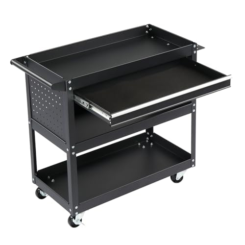 3 Tier Rolling Tool Cart, 3-Tier Tool Cart on Wheels, Mechanic Tool Cart on Wheels, Heavy Duty Utility Cart with Drawers and Pegboard, 330 LBS Capacity Tool Storage Cart for Garage, Warehouse - color: A