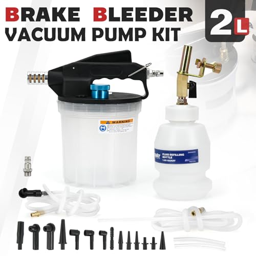2L Brake Bleeder Vacuum Pump Kit with 1L Refilling Bottle and 2 Silicon Bleed Hoses and 16pcs adapters,One Person Pneumatic Brake Fluid Bleeder Kit Suitable for Most Brake Mast Cylinder - size: 2L+adapters