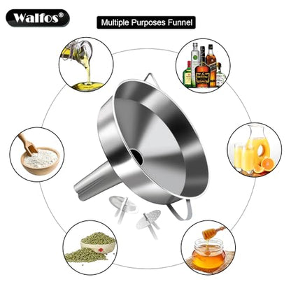 Walfos Extra Large Stainless Steel Funnel with Venting Slot, Kitchen Funnel with 2 Removable Strainer ＆ 1Pc Cleaning Brush, Perfect for Transferring Liquid, Oils, Jam, Dry Ingredients (Jumbo, 7.9") - color: 7.9in Jumbo Funnel