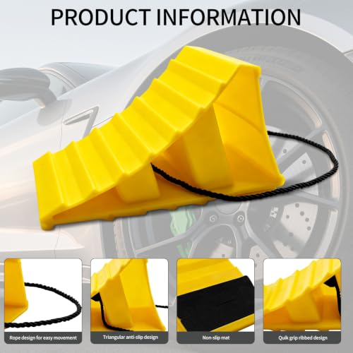 4 Pack Wheel Chocks, Wheel Chocks with Rope, Plastic Hard Wheel Stoppers Block for Camper Cars, RV Trailer, Trucks (Yellow) - color: Yellow
