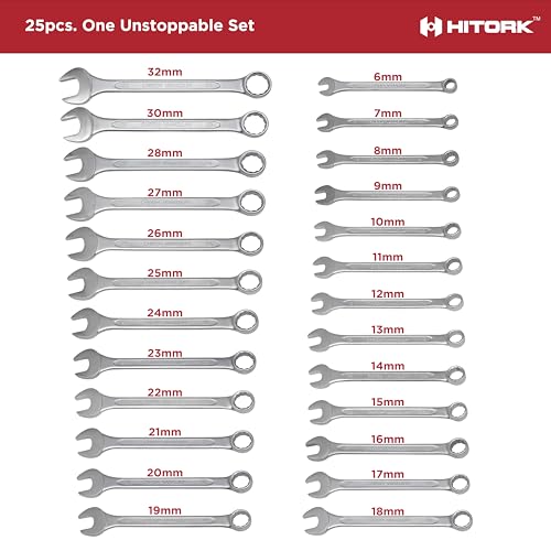 HITORK 25 Piece Metric Wrench Set (6-32 mm) CrV Steel Matt Finish with Polished Head 12 Point Box End 15° Offset Roll Up Pouch Durable Combination Wrench Set for Home, Garage & Auto Repair
