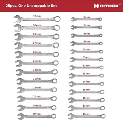 HITORK 25 Piece Metric Wrench Set (6-32 mm) CrV Steel Matt Finish with Polished Head 12 Point Box End 15° Offset Roll Up Pouch Durable Combination Wrench Set for Home, Garage & Auto Repair