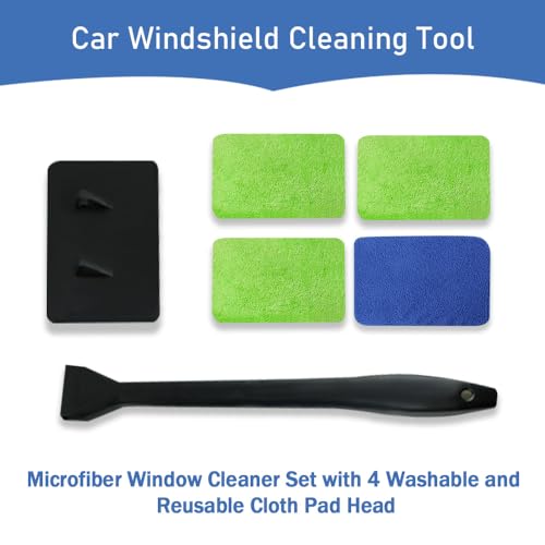Car Windshield Cleaning Tool, Microfiber Window Cleaner with Long Handle & 4 Washable Reusable Cloth Pads, Auto Home Glass Wiper for Interior Exterior