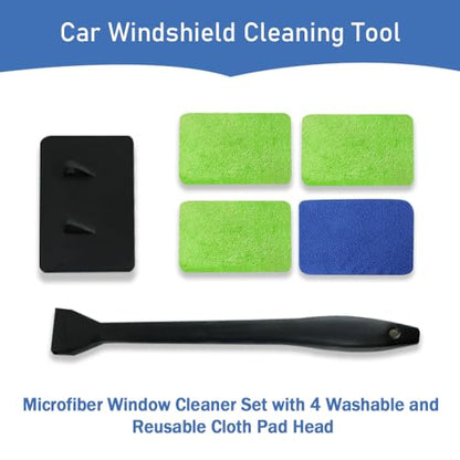 Car Windshield Cleaning Tool, Microfiber Window Cleaner with Long Handle & 4 Washable Reusable Cloth Pads, Auto Home Glass Wiper for Interior Exterior