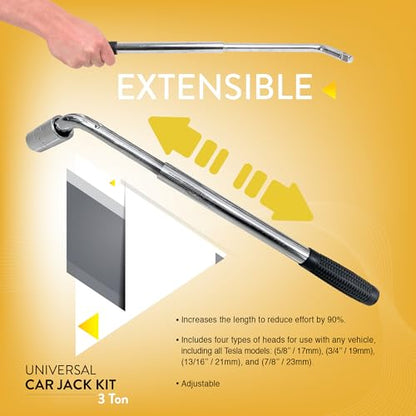 Car Jack Kit 3 Ton Scissor Jack with Cross Pad & Flat Pad Tire Jack Tool | Portable emergency kit, +1" extra lift, Low-profile vehicles, Lug wrench included, Work gloves, Storage bag