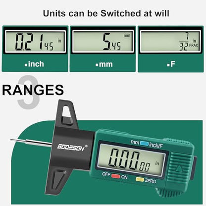 GODESON Tire Tread Depth Gauge - Large LCD Screen with Inches/Millimeters/Fraction Units, Zero Reset Function, Digital Tire Depth Gauge for Car, Truck, SUV, Green Tread Wear Measurement - 0-25.4mm - color: Green