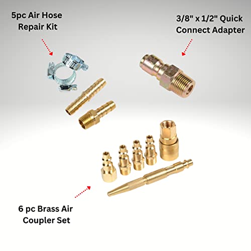 ATE Pro. USA- 19pc Air Tool & Accessory Combo Kit, 50' x 3/8" Air Hose, Air Chuck w/Digital Tire Gauge, Brass Air Coupler Set, Air Hose Repair Kit, Air Blow Gun Kit, 3/8" x 1/2" Quick connect Adapter