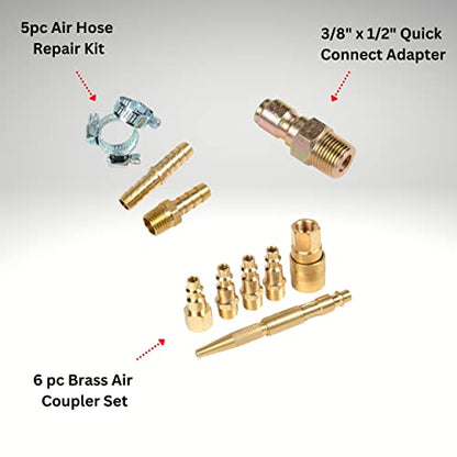 ATE Pro. USA- 19pc Air Tool & Accessory Combo Kit, 50' x 3/8" Air Hose, Air Chuck w/Digital Tire Gauge, Brass Air Coupler Set, Air Hose Repair Kit, Air Blow Gun Kit, 3/8" x 1/2" Quick connect Adapter