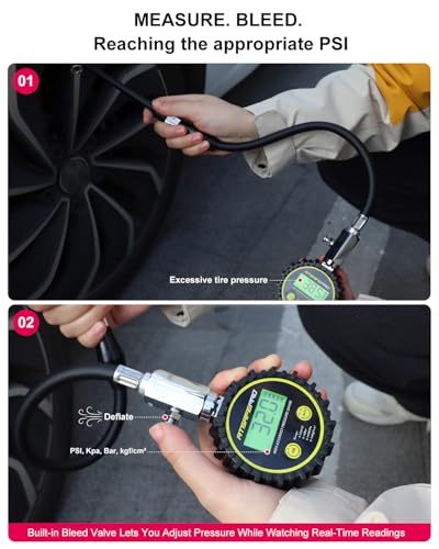 ATsafepro Digital Tire Pressure Gauge - Backlit Display, 200 PSI Accurate Tire Gauge - Hold Function, Long Hose, Dual Head Air Chuck, 4 Units, Bleed Valve, AAA Battery, for Car Truck RV