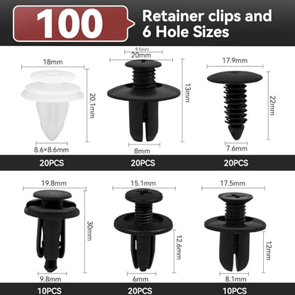 100Pcs Auto Body Panel Fasteners & Push Pin Rivets - 6 Sizes Bumper Fender Flare Retainer Clips. Plastic Expansion Screws Replacement for GM Ford Toyota Honda (100Pcs) - style: 100pcs