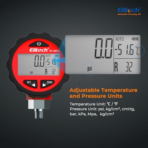 Elitech PG-30Pro Refrigeration HVAC Digital High Pressure Gauge 87 Refrigerants-14.5-800 PSI 1/8'' NPT - size: -14.5-800 PSI, style: 1/8'' NPT