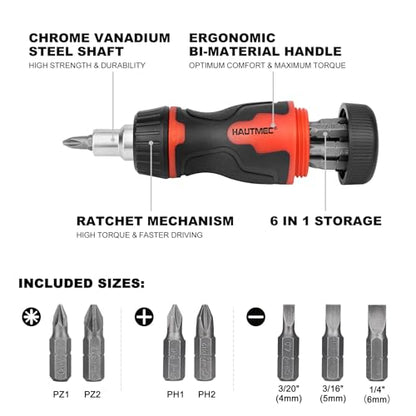HAUTMEC 8-in-1 Stubby Ratcheting Screwdriver Set, Multi Screwdriver Tool All in One, Ratchet Short Screwdriver Set with Multi Bit Screw Driver for Use in Confined Space, Chrome Vanadium Steel Shaft - color: 8-in-1 Ratcheting
