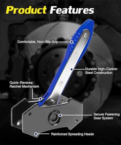 Brake Caliper Compression Tool,360° Swing Ratchet Switch With Additional 2 pcs Large Steel Plate and 2 Hooks&Nylon Grip Work Gloves for Single/Twin/Quad Piston,Disc Brake Repair/Car,Truck,SUV(Blue)