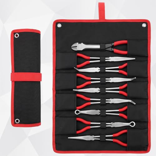 9 Piece 11 Inch Long Reach Pliers Set 45° 90° Bent, Circle, Diagonal Carbon Steel Needle Nose Pliers for Narrow Spaces and Limited Areas (Red) - color: Red