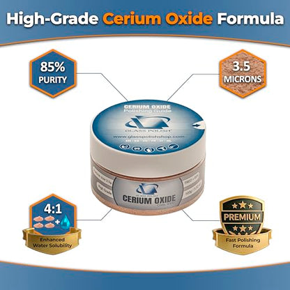 GLASS POLISH PRO Cerium Oxide Glass Polishing Powder – 3.52oz (100g) High-Grade 85% Pure Suspension-Treated Formula, 3.5 Micron for Glass Scratch Removal, Windshield Polishing and Restoration