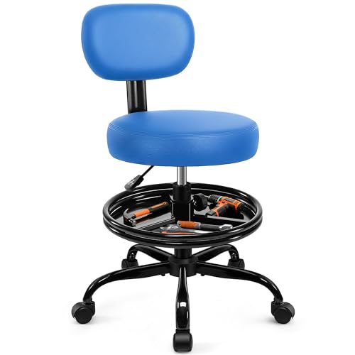 Shop Stool with Wheels for Garage, Mechanics Rolling Chair with Backrest, Adjustable Height Heavy Duty Garage Stool with Footrest and Storage Tray, Swivel Task Chair for Workshop Kitchen Salon (Blue) - color: Blue