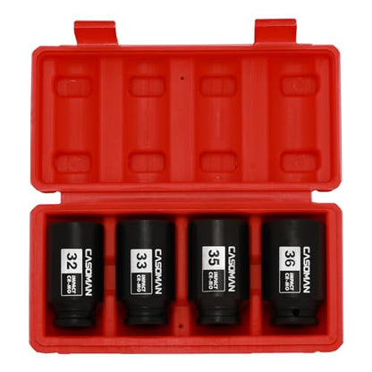 CASOMAN 1/2'' Drive Deep Spindle Axle Nut Impact Socket Set, 6 Point, CR-MO,32,33,35,36mm, 4PC 1/2-Inch Impact Socket Set, Heavy Duty Use In Removing And Installing Axle Nuts