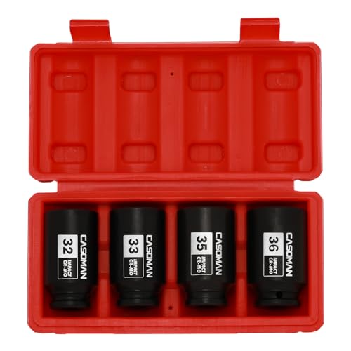CASOMAN 1/2'' Drive Deep Spindle Axle Nut Impact Socket Set, 6 Point, CR-MO,32,33,35,36mm, 4PC 1/2-Inch Impact Socket Set, Heavy Duty Use In Removing And Installing Axle Nuts