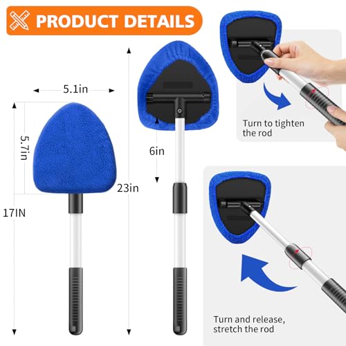 Windshield Cleaner Tool, 12Pcs Car Cleaning Kit, 23-inch Extendable Handle with 4 Microfiber Pads, Car Interior Detailing Brushes, All-in-One Inside Car Cleaning for Auto Detailing - color: Blue-02