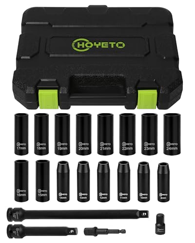 1/2"Drive Deep Impact Socket Set,20 Piece 1/2 Inch Impact Socket Set Metric 8mm-24mm CR-V Steel, 6 Point Design, Includes Extension Bars, Hex Shank Adapter, Reducer, Meets ANSI Standards - style: SS-D12-20PC