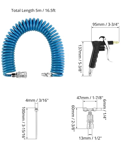 QWORK Air Blow Gun Kit, 2 Sets of Heavy Duty Air Duster Blow Gun Dust Cleaner with 16' (5m) Long Coil, Air Seat Blow Gun Fits 1/4"(6mm) air Hose for Trucks, Semi Trailers or Tractors - size: 2 Pcs
