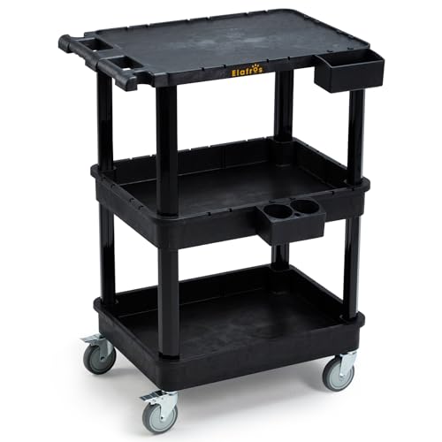 ELAFROS 3-Tier Flat Top & Deep Tub Rolling Utility Cart, 27.5 x 18.25 in | 330 lbs Capacity, Heavy Duty Plastic, 4-Inch Wheels, Service Cart, Work Cart, Storage Organizer, Office Workshop Warehouse